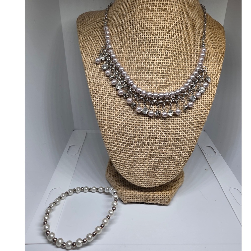 Pearl Necklace Bracelet Set Silver Tone Dangle Elegant Jewelry